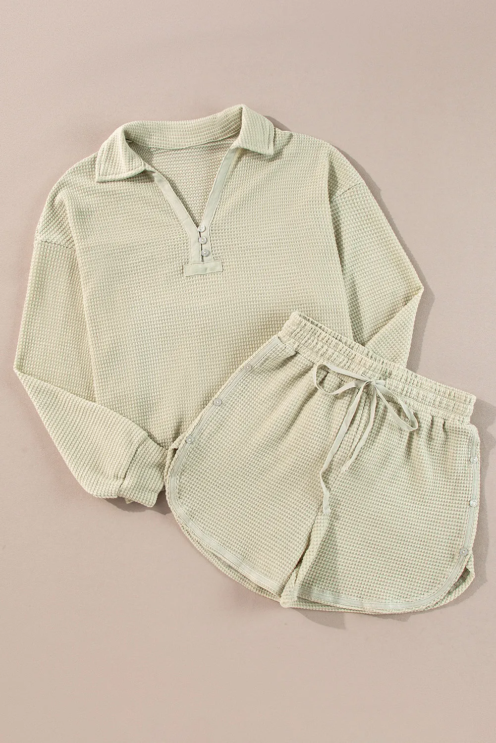 Parchment Textured Buttoned Long Sleeve Top 2 Piece Shorts Set sold by eAura