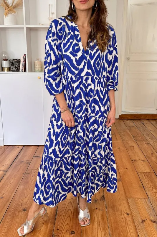 Blue Western Abstract Geometric Printed Maxi Dress sold by eAura