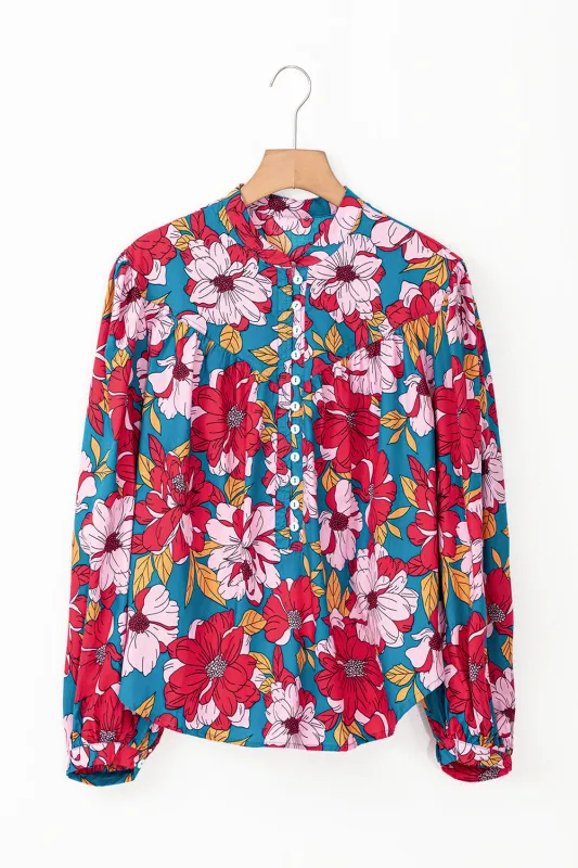 Red Floral Printed Balloon Sleeve Half Buttons Blouse sold by eAura