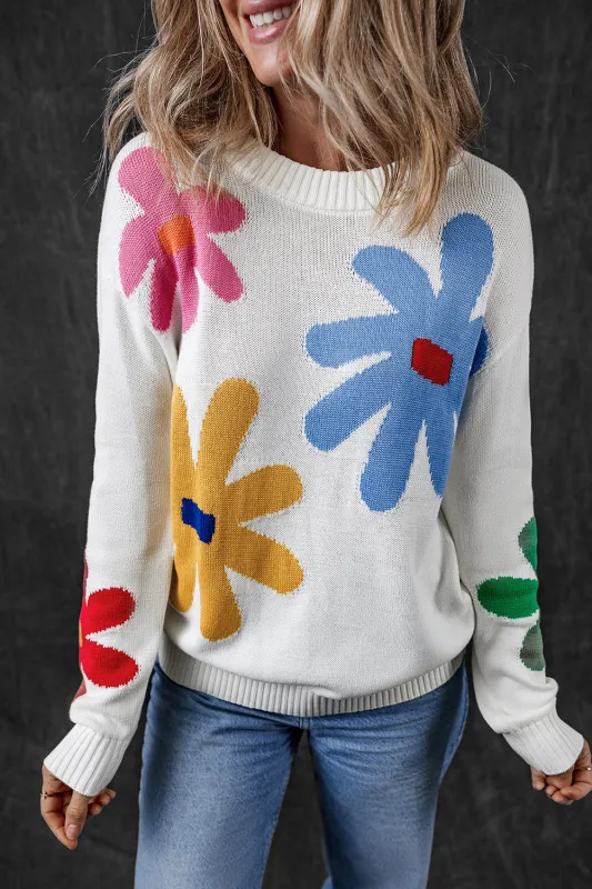 White Colourful Big Flower Pattern Crewneck Sweater sold by eAura