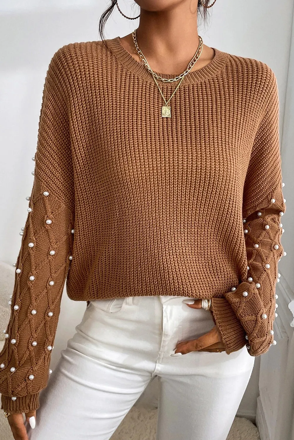 Chestnut Beaded Drop Shoulder Round Neck Sweater sold by eAura product image thumbnail 3