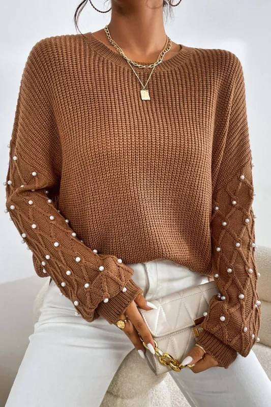 Chestnut Beaded Drop Shoulder Round Neck Sweater sold by eAura