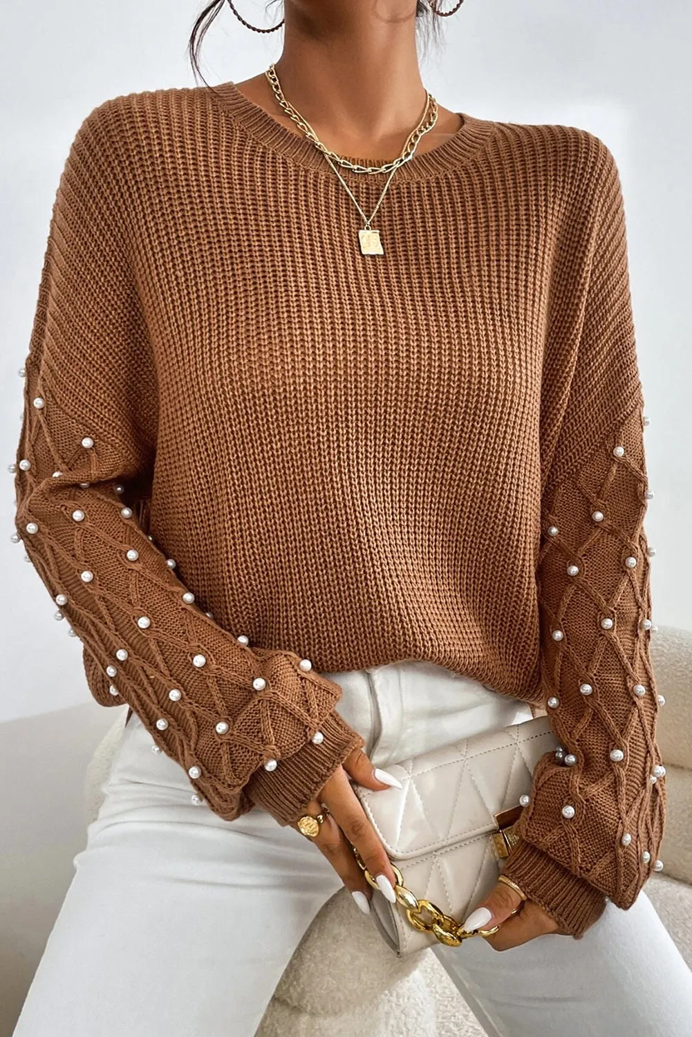 Chestnut Beaded Drop Shoulder Round Neck Sweater sold by eAura