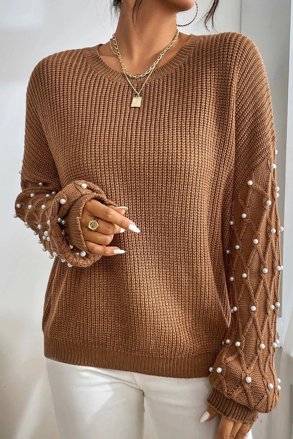 Chestnut Beaded Drop Shoulder Round Neck Sweater sold by eAura product image thumbnail 4