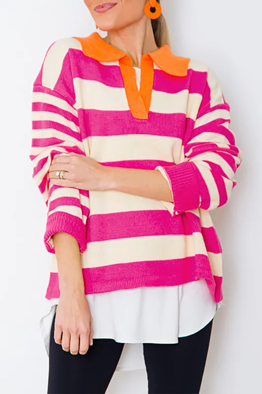 Rose Stripe Colour Block Collared V Neck Drop Shoulder Sweater sold by eAura