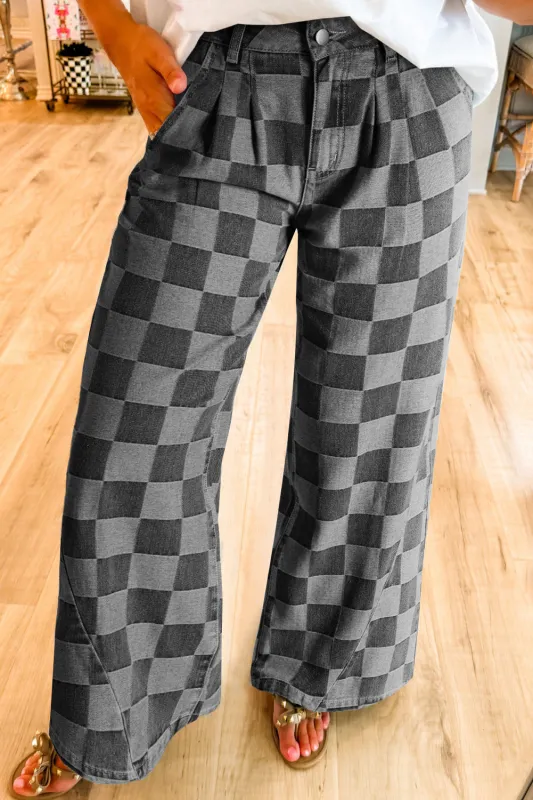 Dark Grey Checkered Denim Wide Leg Jeans sold by eAura
