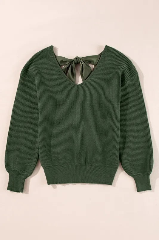Lantern Sleeve V-Neck Knot Back Sweater made by eAura