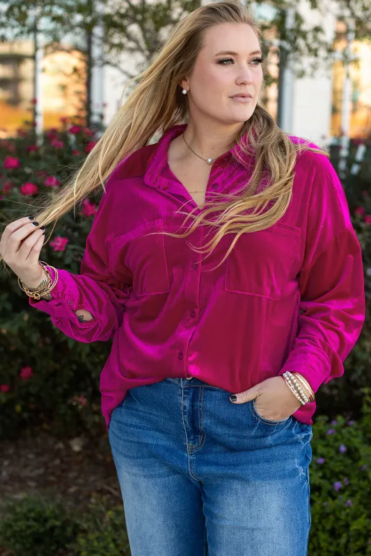 Bright Pink Plus Size Velvet Chest Pocket Drop Shoulder Shirt sold by eAura