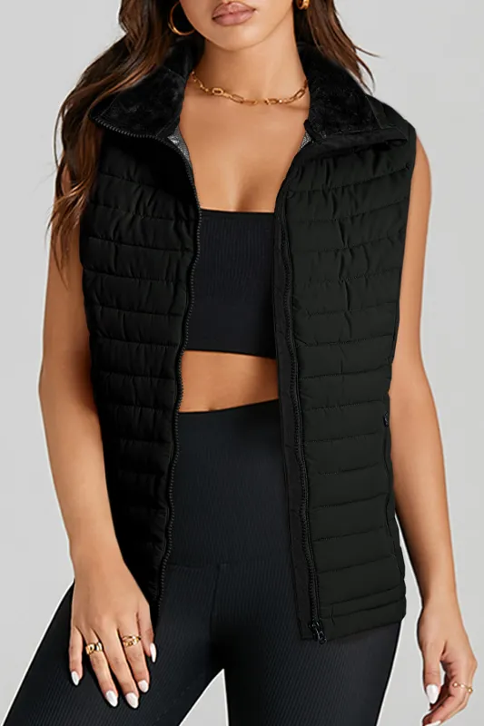 Black Plush Collared Quilted Puffer Gilet sold by eAura