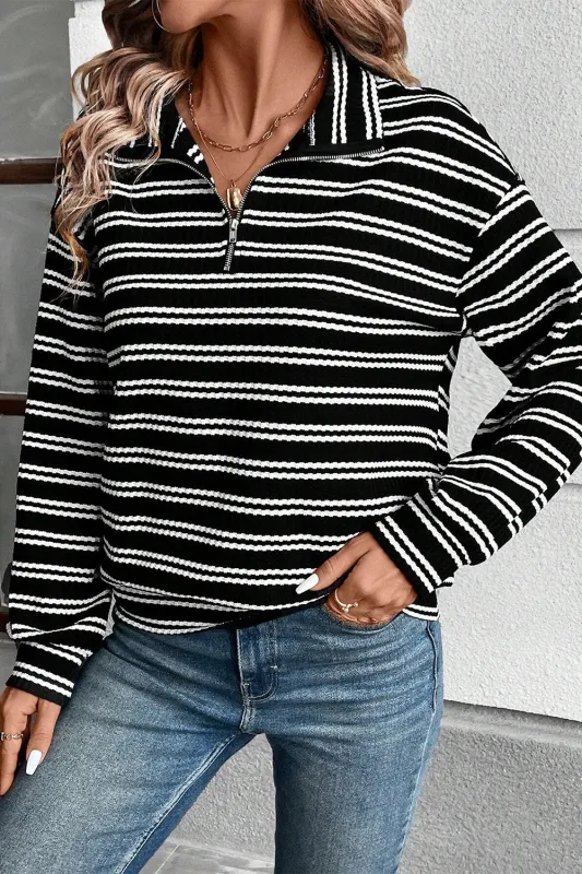 Black Stripe Textured Quarter Zip Collar Long Sleeve Top sold by eAura