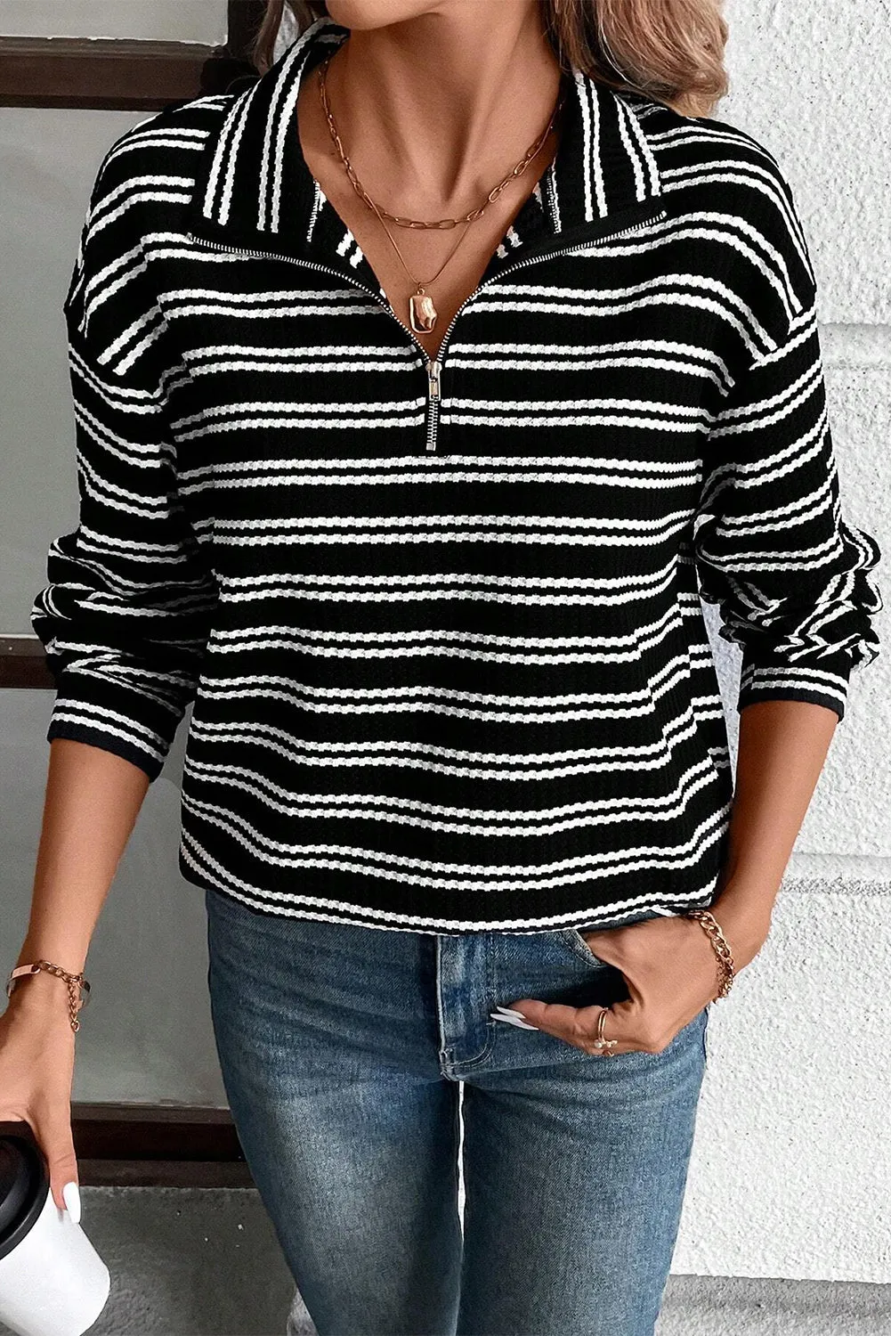 Black Stripe Textured Quarter Zip Collar Long Sleeve Top sold by eAura product image thumbnail 3