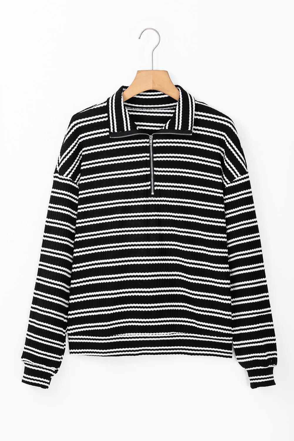 Black Stripe Textured Quarter Zip Collar Long Sleeve Top sold by eAura product image thumbnail 4
