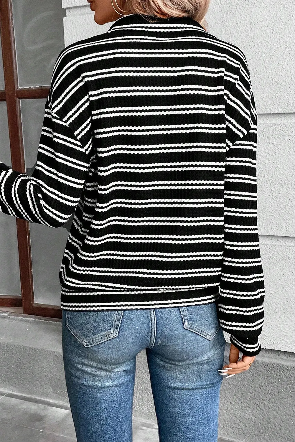Black Stripe Textured Quarter Zip Collar Long Sleeve Top sold by eAura product image thumbnail 2