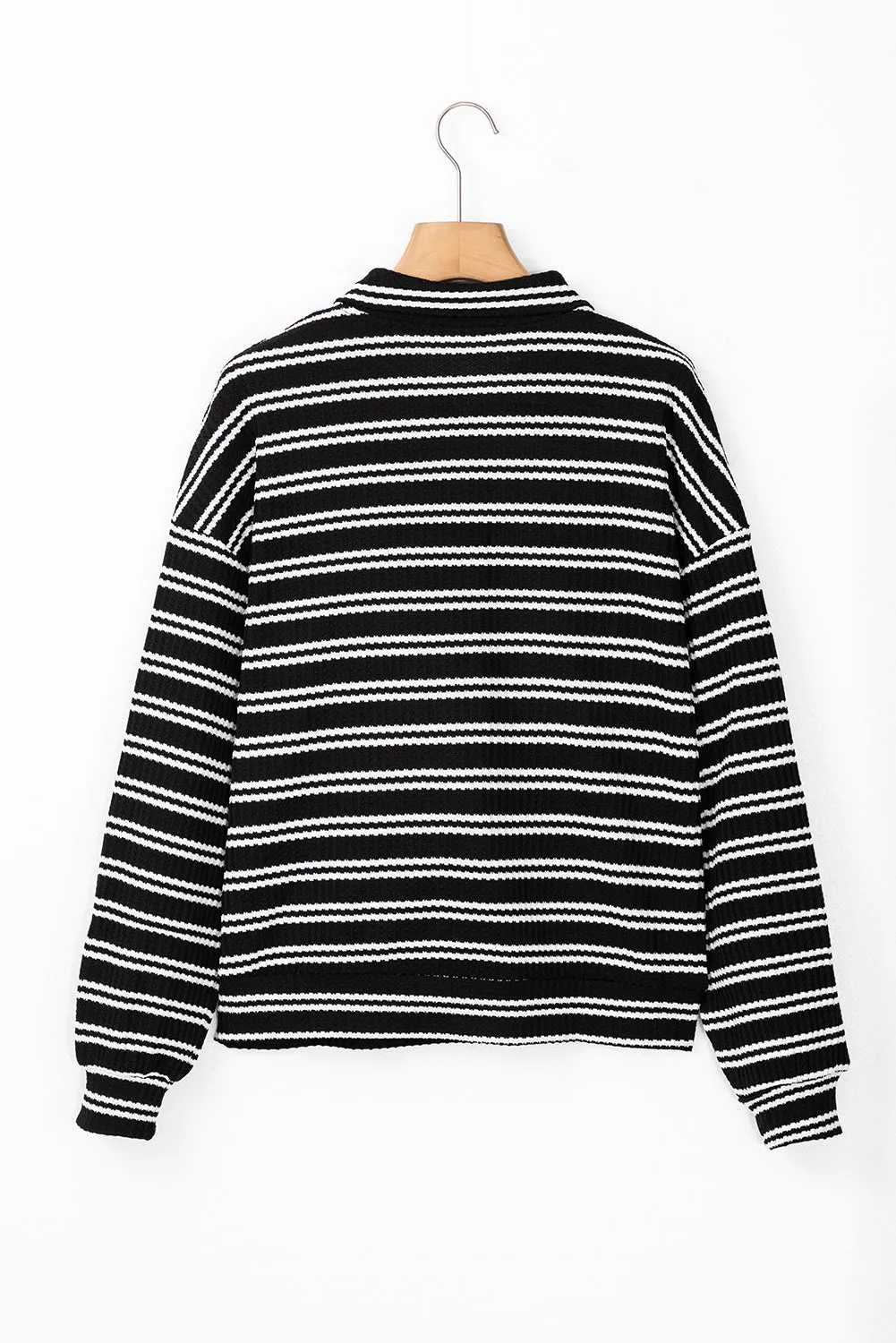 Black Stripe Textured Quarter Zip Collar Long Sleeve Top sold by eAura product image thumbnail 5