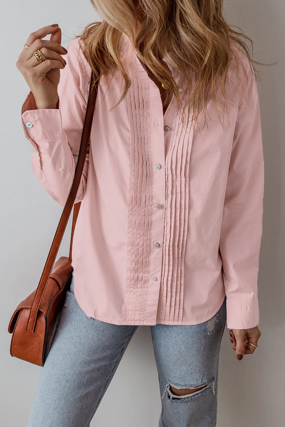 Light Pink Pleated Button-Up Loose Fit Casual Shirt sold by eAura