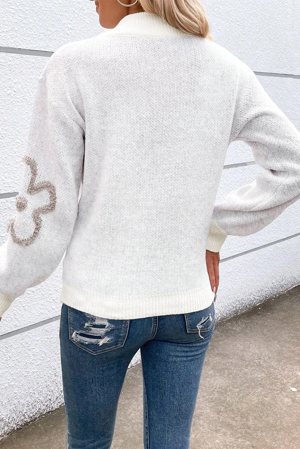 Parchment Contrast Flower Half Zipper Stand Neck Sweater sold by eAura product image thumbnail 5