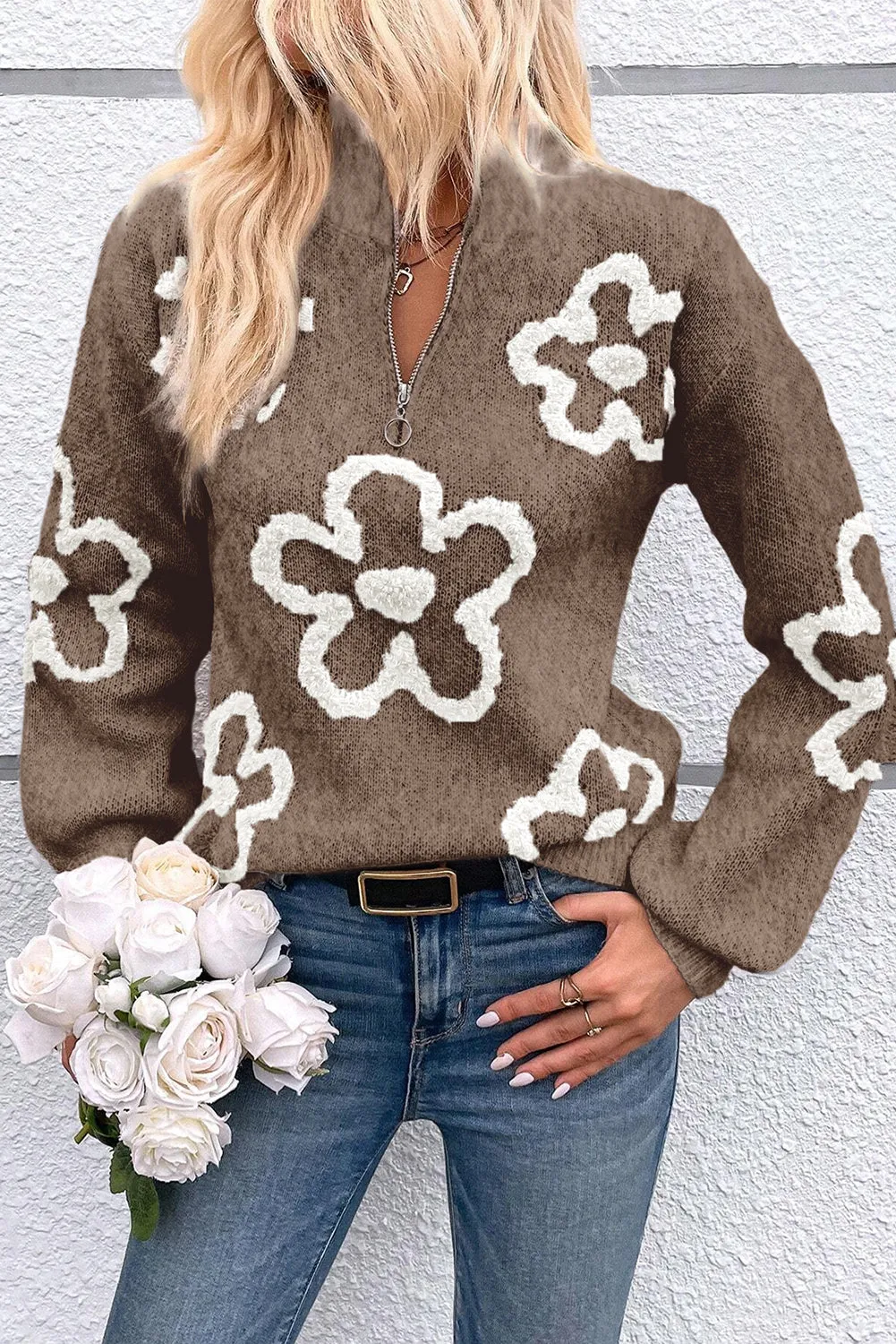 Parchment Contrast Flower Half Zipper Stand Neck Sweater sold by eAura product image thumbnail 3
