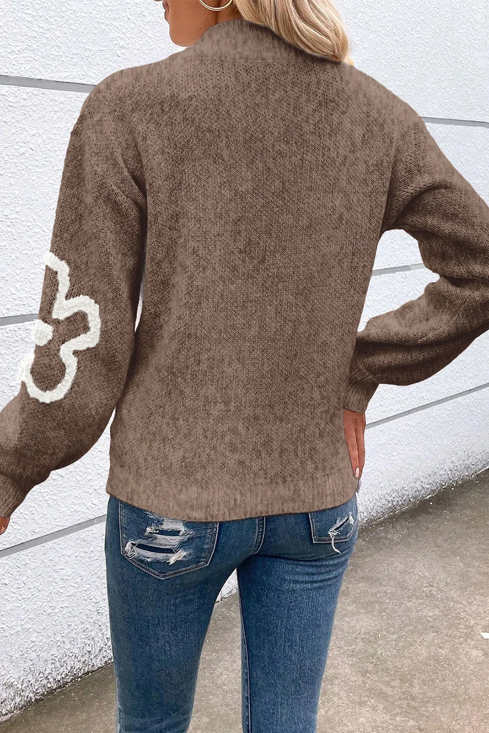 Parchment Contrast Flower Half Zipper Stand Neck Sweater sold by eAura product image thumbnail 2