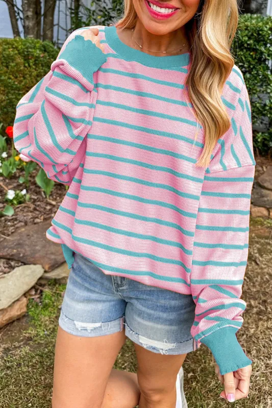 Pink Stripe Trimmed Round Neck Drop Shoulder Loose Sweater sold by eAura