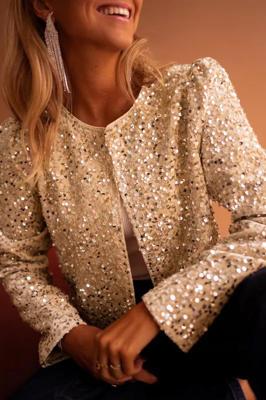 Golden Sequinned Open Front Cropped Jacket sold by eAura