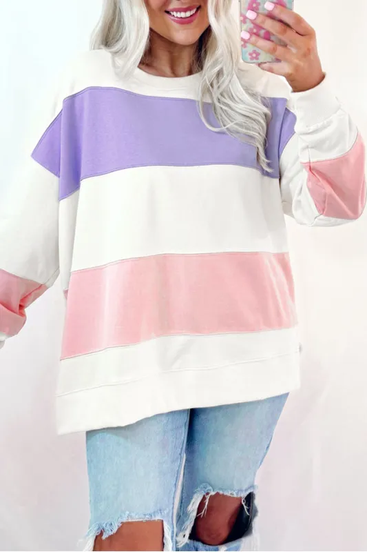 Beige Colourblock Patchwork Drop Shoulder Crewneck Sweatshirt sold by eAura