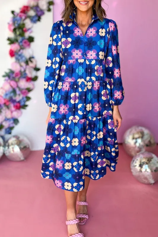 Blue Floral Peasant Sleeve Tiered Ruffle Midi Dress sold by eAura