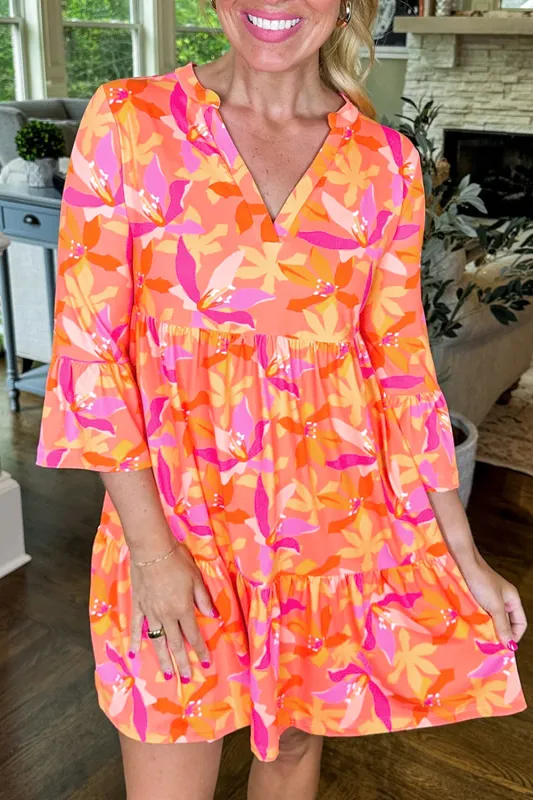 Orange Abstract Print Ruffled Sleeve V Neck Dress sold by eAura