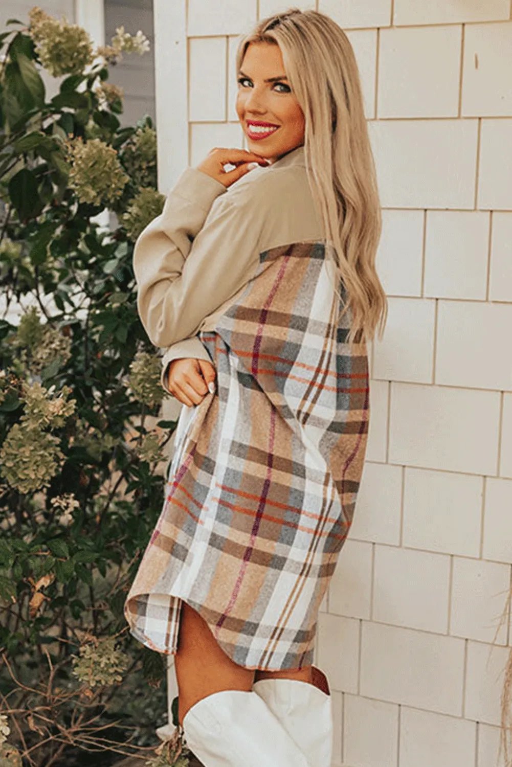 Khaki Plaid Patchwork Long Sleeve Shirt Mini Dress sold by eAura product image thumbnail 3
