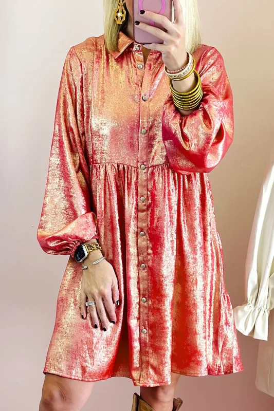 Peach Blossom Metallic Sheen Puff Sleeve Button Up Mini Shirt Dress sold by eAura