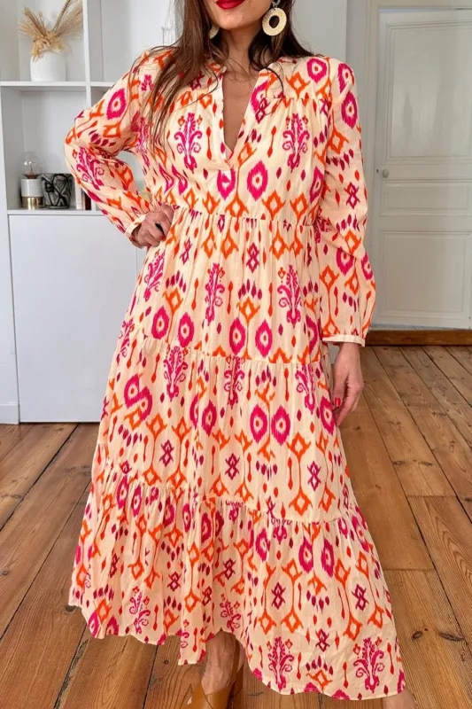 Orange Western Abstract Geometric Printed Maxi Dress sold by eAura