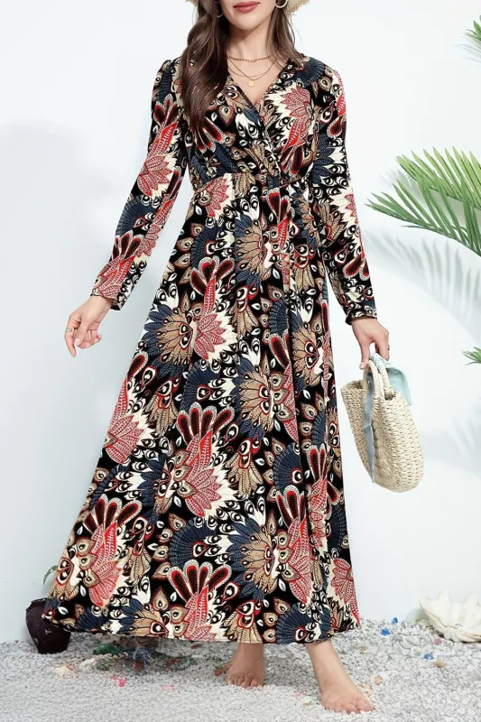 Black Floral Print V Neck Wrap High Waist Maxi Dress sold by eAura
