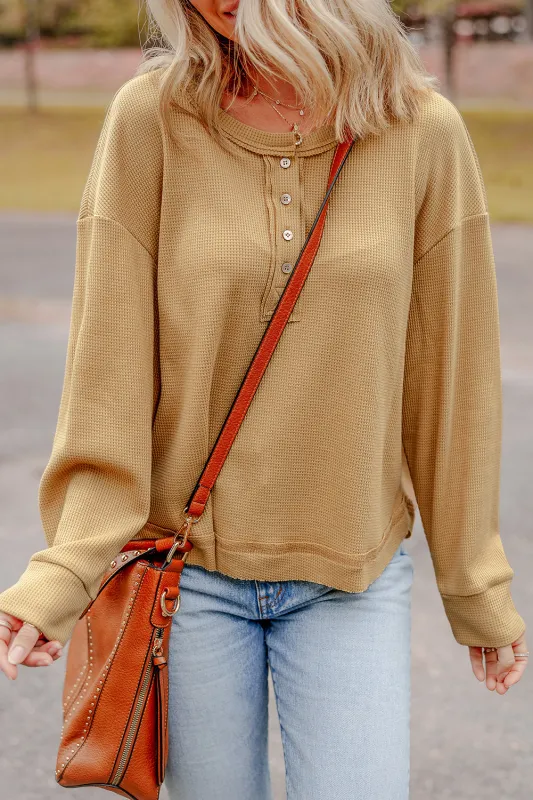 Camel Textured Knit Half Button Drop Shoulder Oversized Top sold by eAura