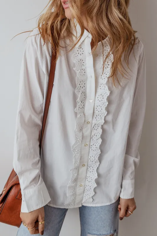 White Lace Crochet Trim Turn Down Collar Buttoned Shirt sold by eAura