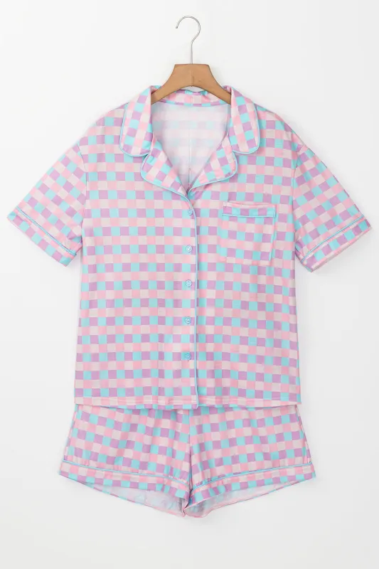 Purple Checkered Pattern Short Sleeve Pyjamass Set sold by eAura