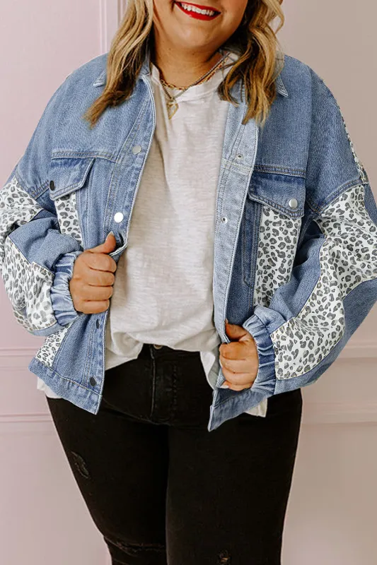 Beau Blue Leopard Patchwork Flap Detail Plus Size Denim Jacket sold by eAura
