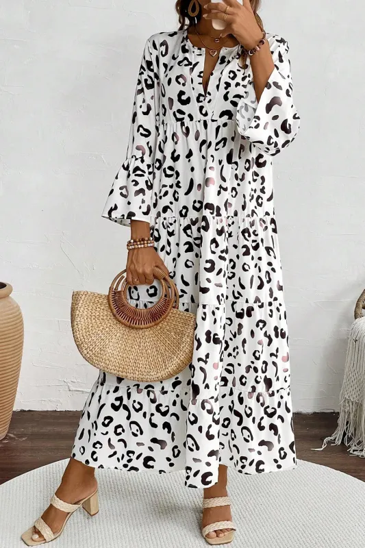 White Leopard Print Notch V Neck Loose Fit Maxi Dress sold by eAura