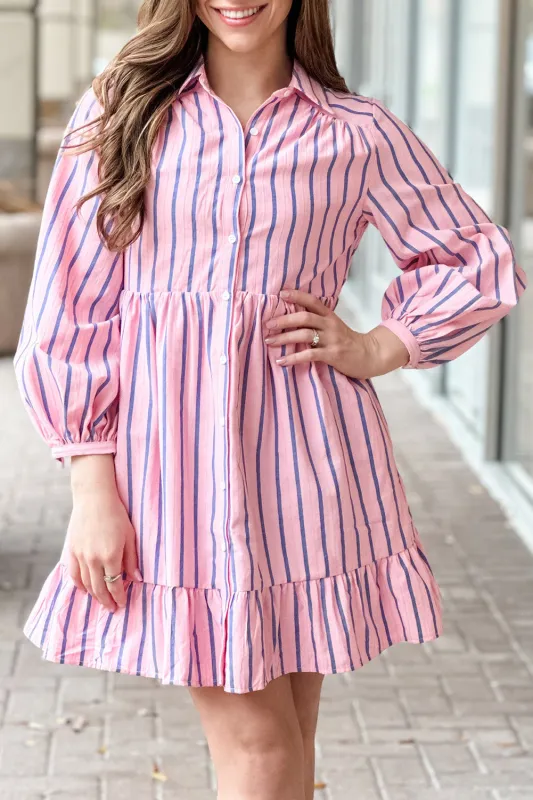 Pink Stripe Ruffled Hem Button-up Collared Shirt Mini Dress sold by eAura