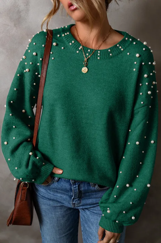 Evergreen Pearled Drop Shoulder Round Neck Sweater sold by eAura