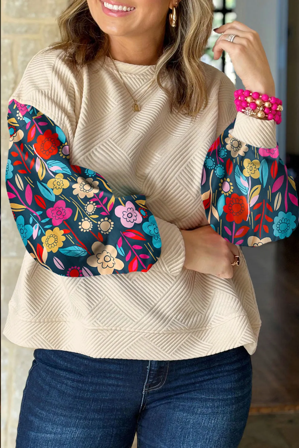 White Floral Patchwork Sleeve Textured Plus Size Pullover Top sold by eAura