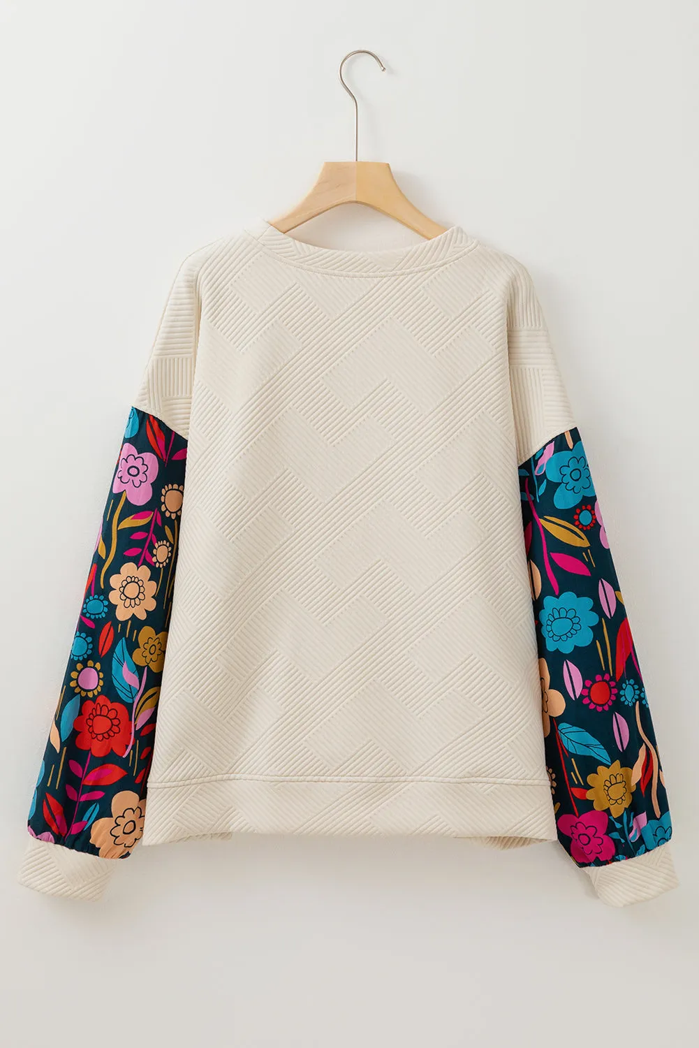 White Floral Patchwork Sleeve Textured Plus Size Pullover Top sold by eAura product image thumbnail 4