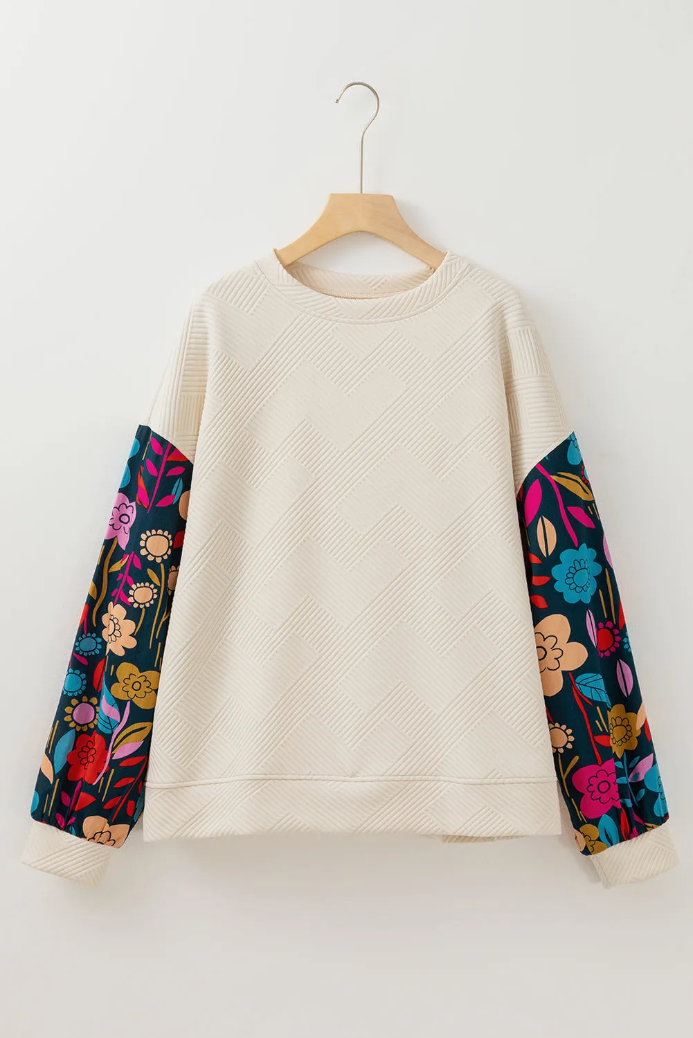 White Floral Patchwork Sleeve Textured Plus Size Pullover Top sold by eAura product image thumbnail 3