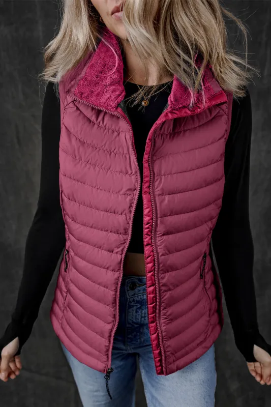 Burgundy Plush Collared Quilted Zipped Puffer Gilet sold by eAura