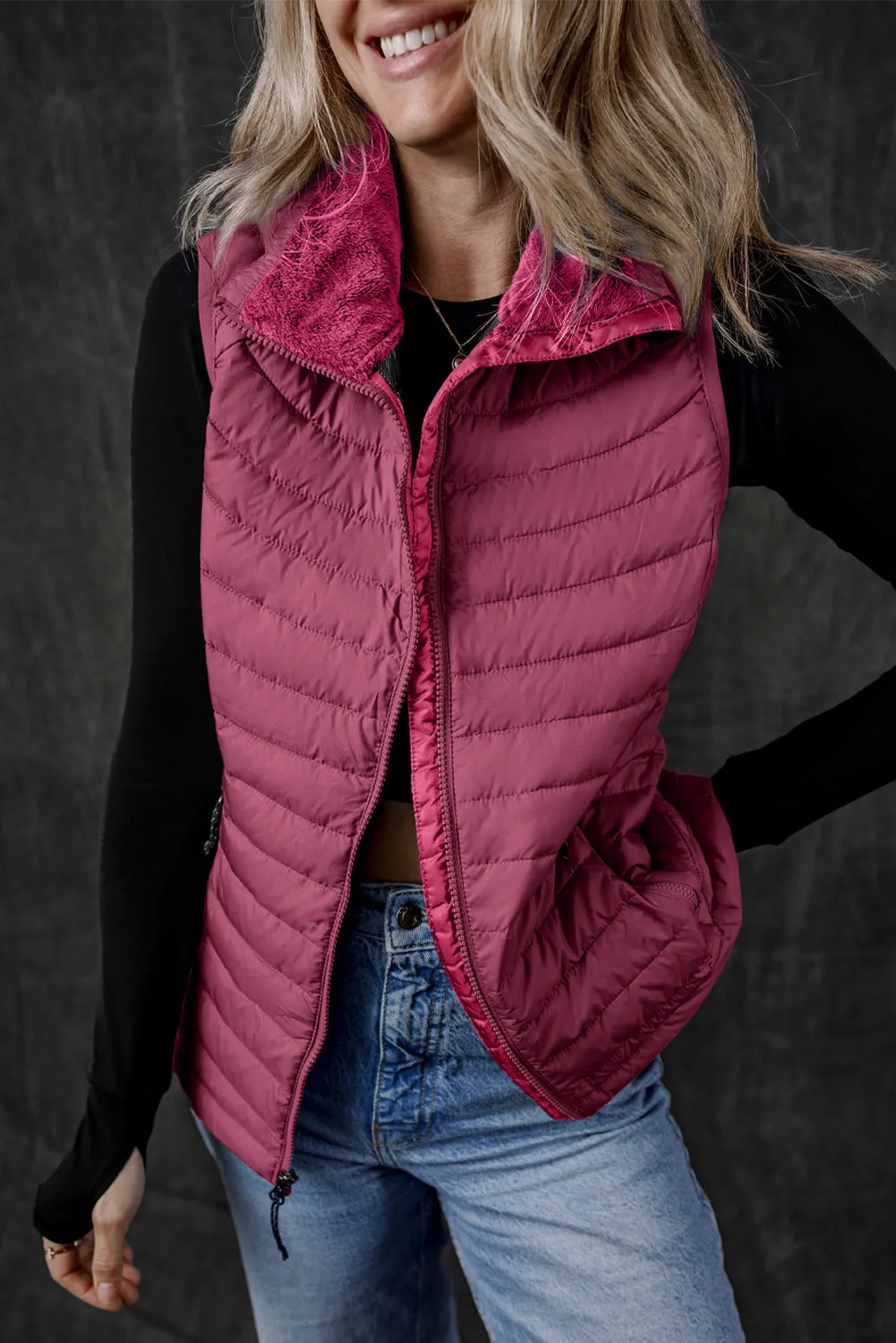 Burgundy Plush Collared Quilted Zipped Puffer Vest sold by eAura product image thumbnail 4