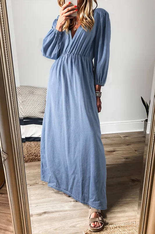 Myosotis Chambray Deep V Neck Bracelet Sleeve Maxi Dress sold by eAura