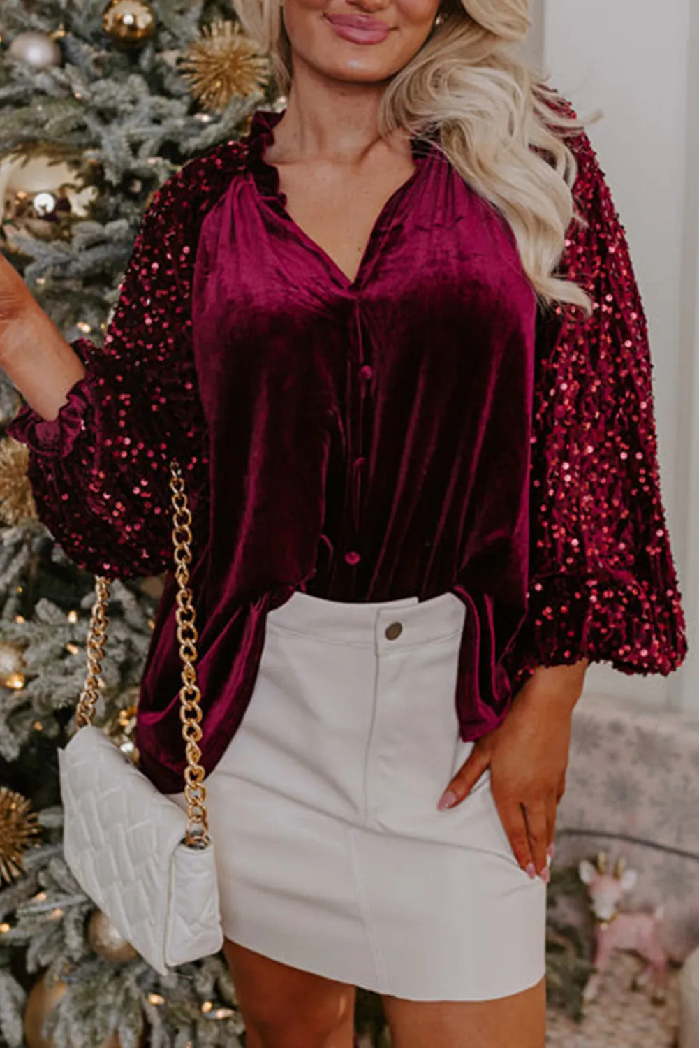 Red Dahlia Sequin Patchwork Sleeve Button Up Velvet Top sold by eAura