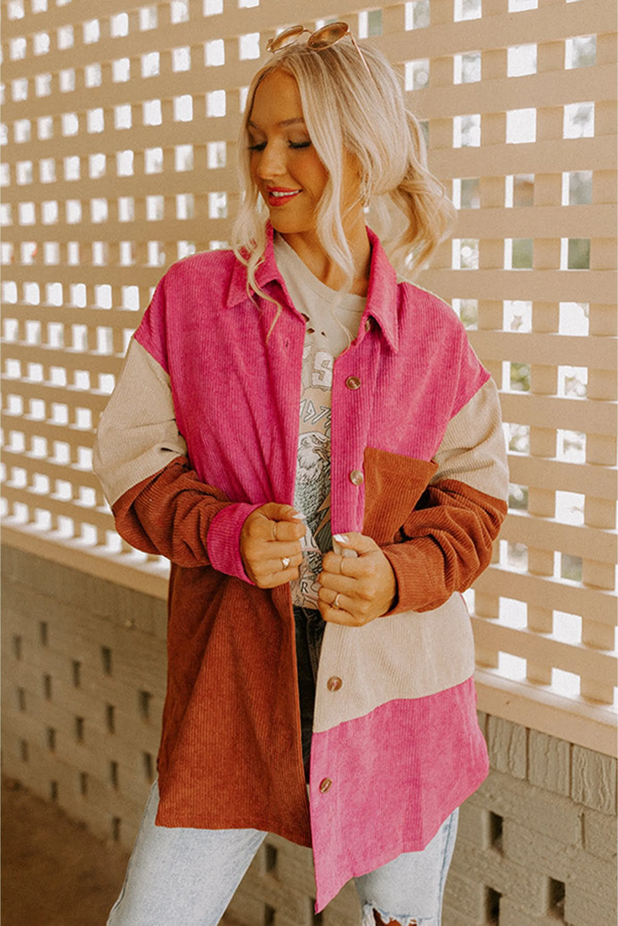 Rose Red Colourblock Curved Hem Corduroy Shacket with Pocket sold by eAura product image thumbnail 4