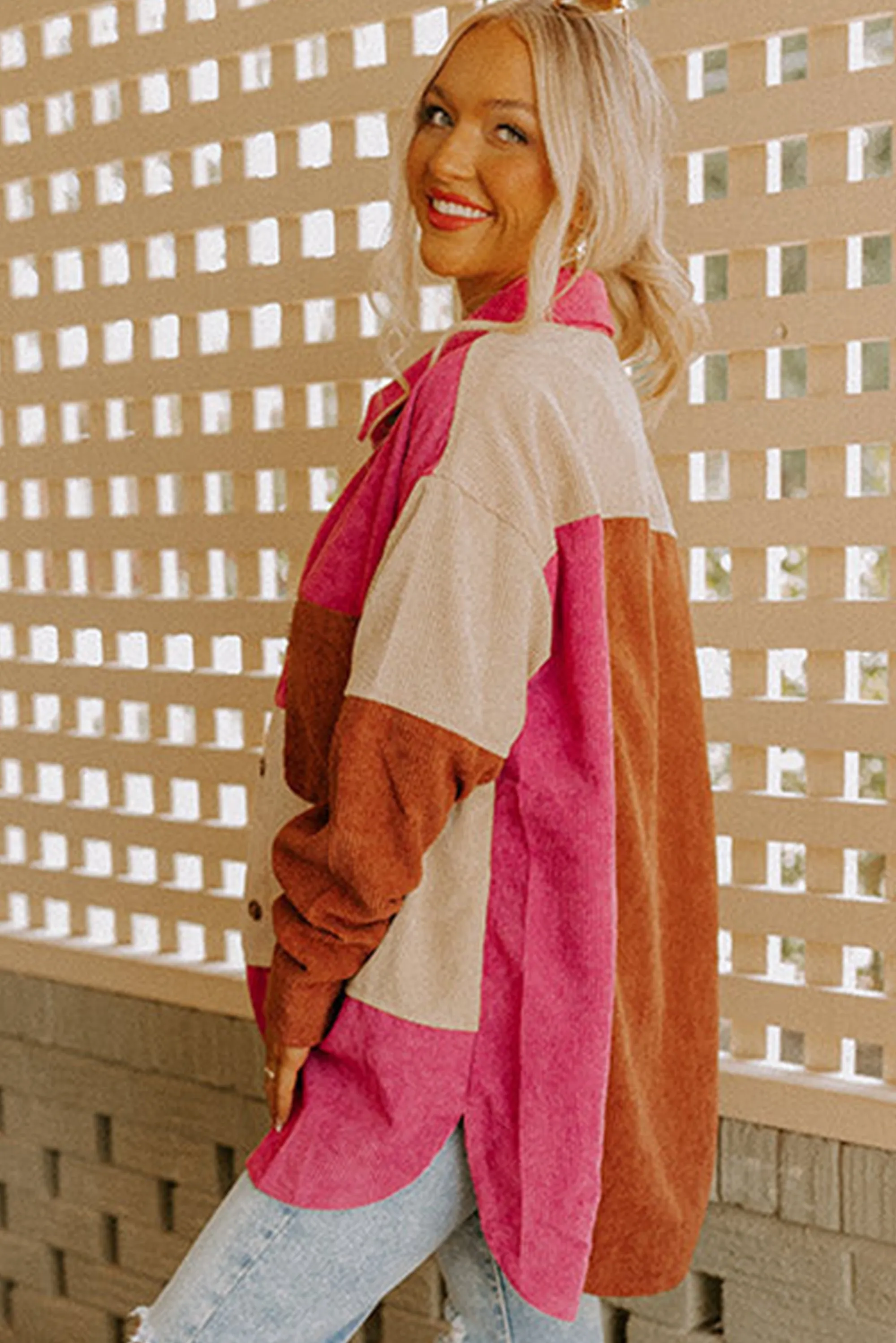 Rose Red Colourblock Curved Hem Corduroy Shacket with Pocket sold by eAura product image thumbnail 3