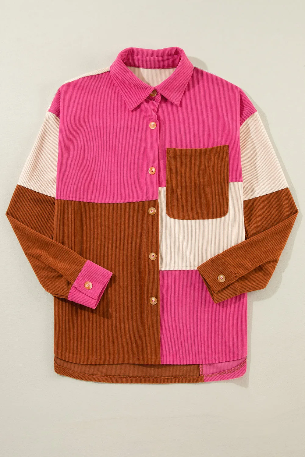 Rose Red Colourblock Curved Hem Corduroy Shacket with Pocket sold by eAura product image thumbnail 5