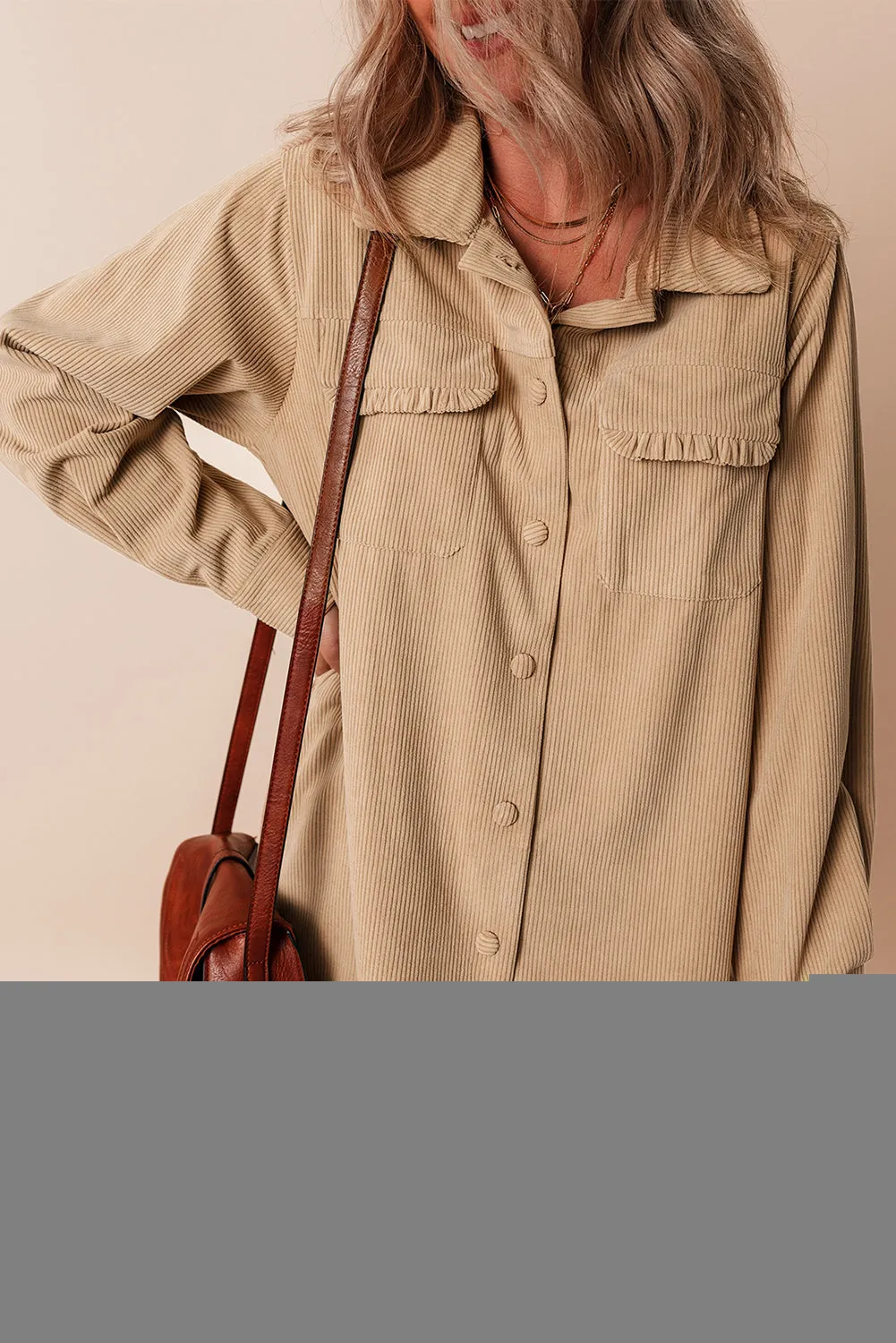 Light French Beige Solid Frilled Flap Pocket Button Up Corduroy Shacket sold by eAura product image thumbnail 3