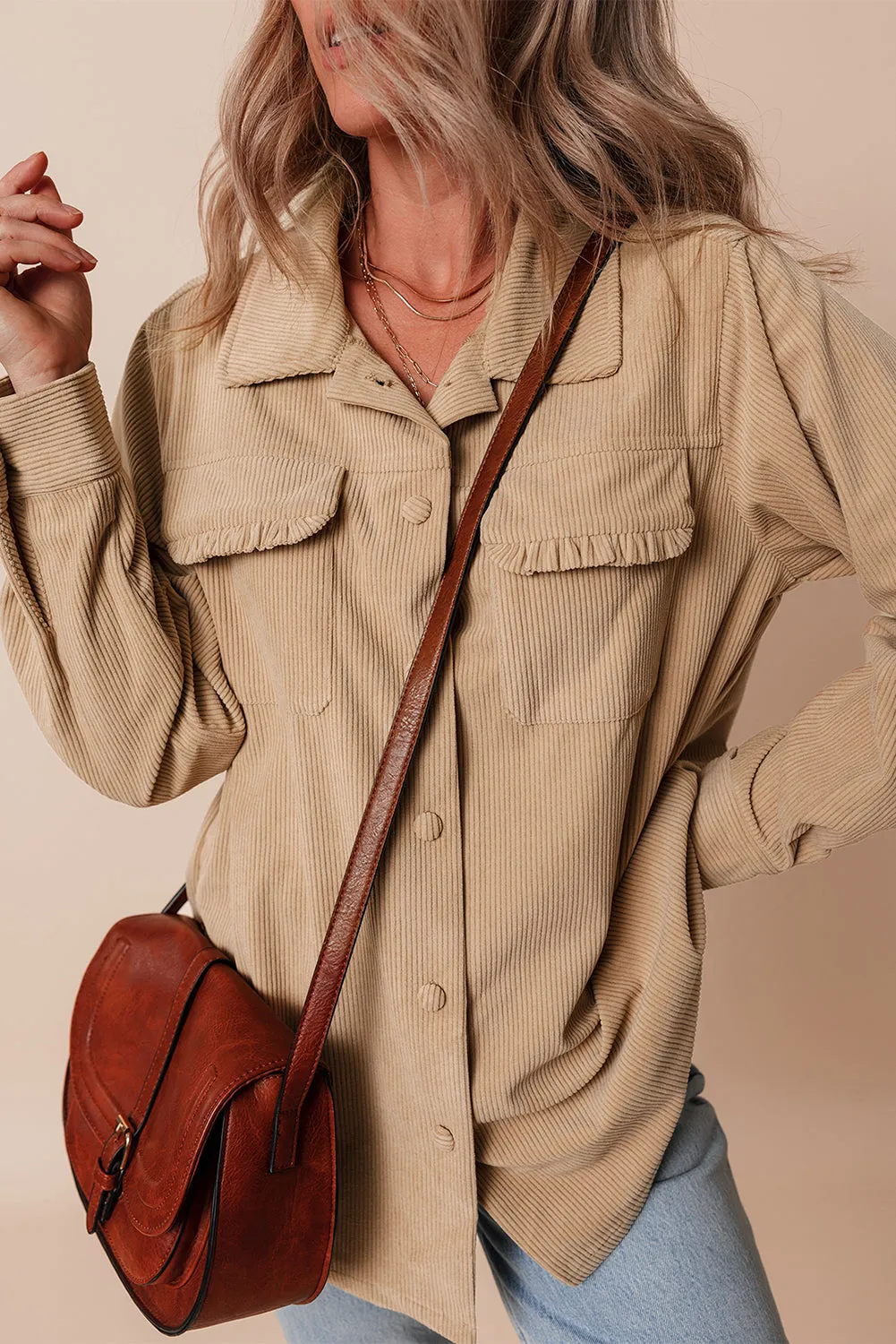 Light French Beige Solid Frilled Flap Pocket Button Up Corduroy Shacket sold by eAura product image thumbnail 5
